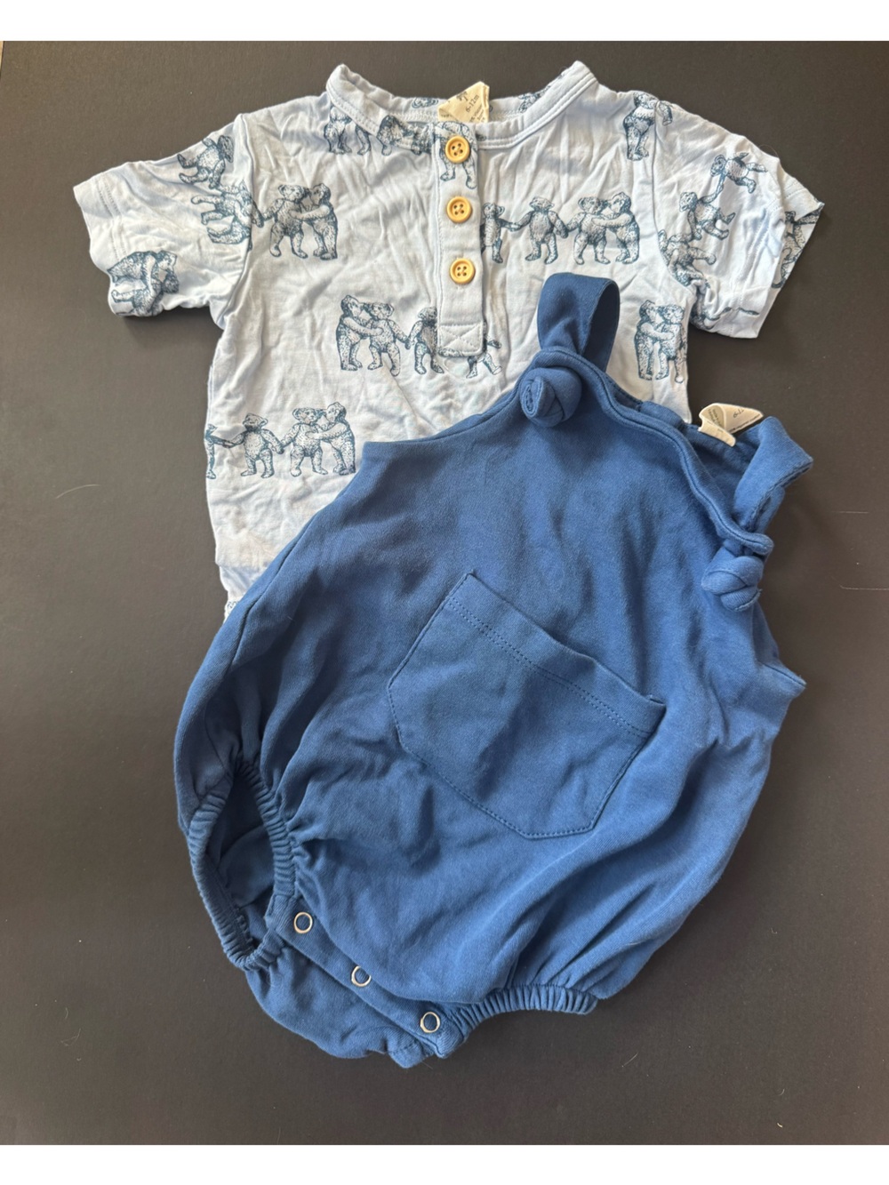 kate quinn Blue Solid Bubble Romper with Teddy Bear Print Top